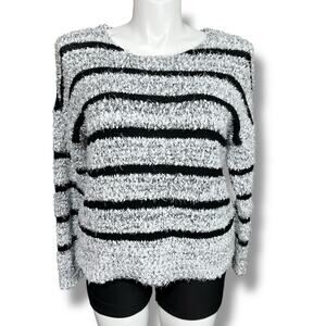 Relativity Womens Chunky Knit Sweater Pullover Crop Top Black White Stripes XL